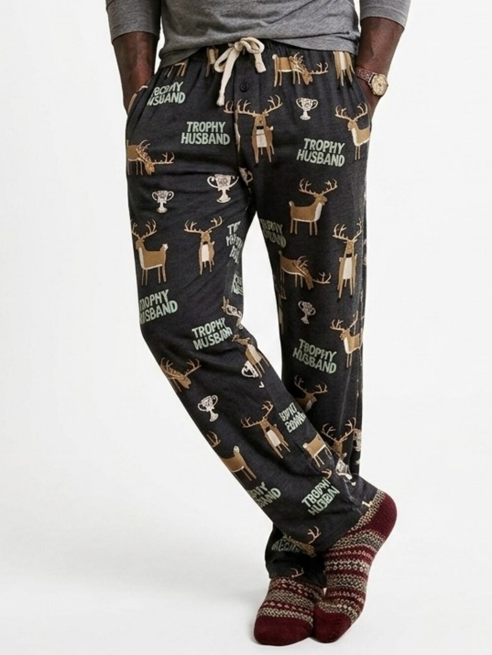 Lazy One ‘Trophy Husband’ Reindeer Print Pajamas Gray Lounge Pants Size Large